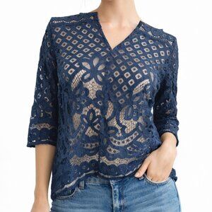 New Directions Lace Blouse Womens Medium Navy Blue Boho Sheer Top Romantic Flowy